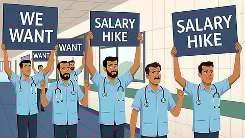Illustration of doctors in blue uniform with boards of strike standing in a hospital hallway.