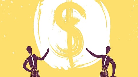 Two abstract figures in purple stand on a yellow background, gesturing towards a large white dollar sign.