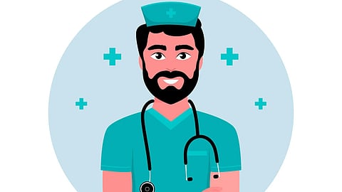 Cartoon image of a male nurse wearing a cap and green scrubs.