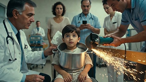 An illustration of a kid's head stuck inside a aluminum pot and doctor and plumber surrounding him.