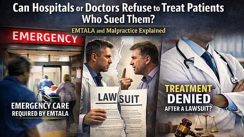 Depiction of emergency care vs Lawsuit between Patient and Doctor