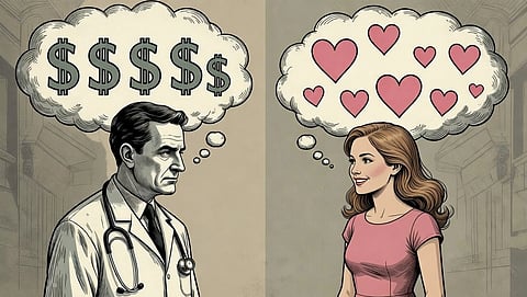 A doctor with a thought bubble full of dollar signs and a woman with a thought bubble full of pink hearts.