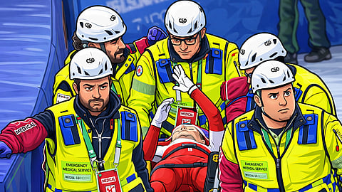 EMTs carrying the injured Speed Skater