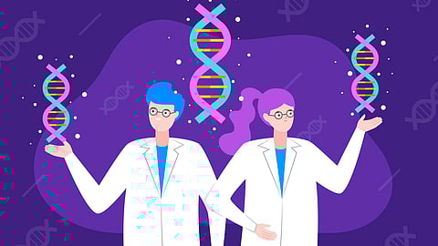 Illustration showing genetic two doctors holding DNA molecules indicating genetic testing. 