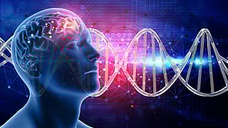 A digital illustration of a human head with a glowing brain, overlaid by a DNA helix. 