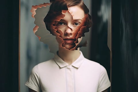 Portrait of a person in many pieces and layers indicating bipolar disorder.