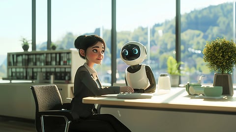 An illustration of a robot sitting at a desk with a woman.