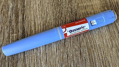 Blue colored Ozempic, Semaglutide injection.
