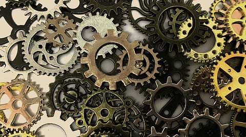A circular arrangement of various gears.
