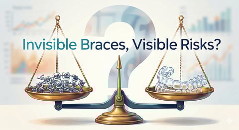 A balance scale with metal braces on one side and clear aligners on the other, with the text "Invisible Braces, Visible Risks?" in the background.