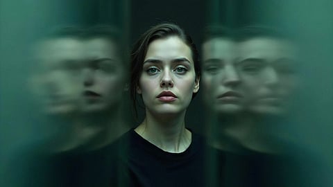 Image of a woman and her reflection on walls.