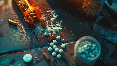 Various drugs and pills scattered on a wooden table.