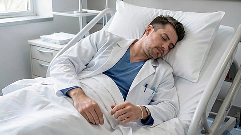 a doctor sleeping in hospital bed 
