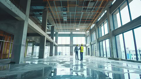 Two workers in hard hats and vests stand inside an unfinished building with concrete floors and tall windows.
