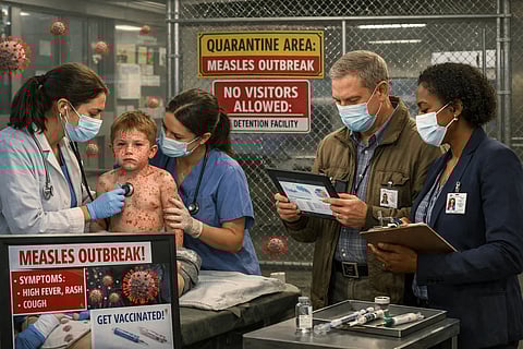 Doctors checking a child suffering from Measles in a detention centre. Two persons checking some charts to see some data.