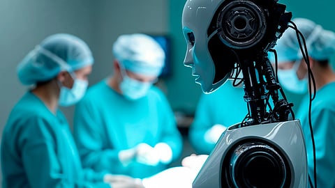 A humanoid robot observes a surgical team in blue scrubs operating in a brightly lit room.