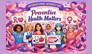A vibrant illustration of women holding banners with health symbols, surrounded by pink and purple ribbons.