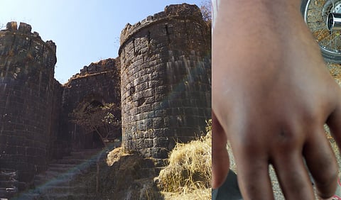 Kalyan darwaza, Sinhgad Fort, Pune and A Hand stung by Honey Bee.