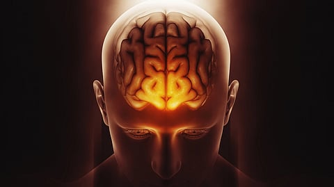 A glowing brain inside a head is shown against a dark background, symbolizing thinking and intelligence.