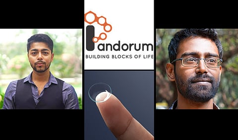 Images of Co-Founders Dr. Tuhin Bhowmick and Arun Chandru, Logo of Pandorum Technologies and Smart contact lens on fingertip