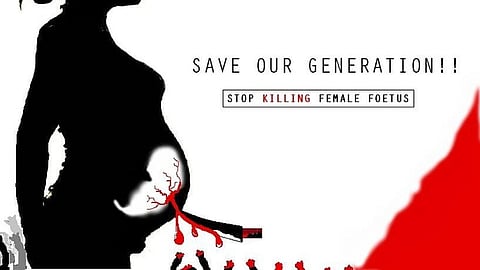 A poster where a woman's foetus is being cut with a knife indicating female foeticide. 