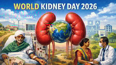 Poster for world kidney day with an old man on dialysis on left, with a kidney and earth in the middle and a woman and doctor on right.