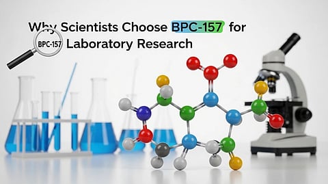 Lab tools and a molecular model highlight BPC-157 peptide research.