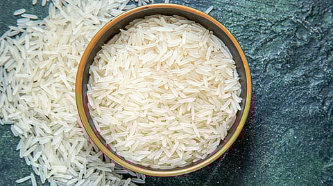 Top view raw rice inside plate on dark desk