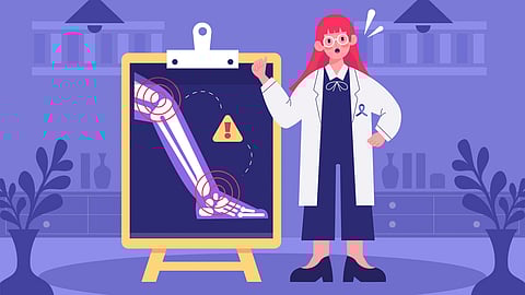 Illustration of a doctor with red hair and glasses pointing at a diagram of a leg on a clipboard. The diagram has a caution symbol.