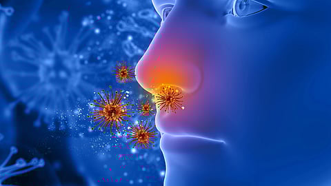 A blue-toned illustration of a human face with red and orange virus particles entering the glowing nasal area.