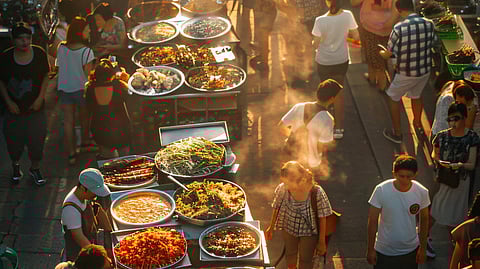 A bustling street market under golden sunlight, with vendors selling vibrant dishes in metal trays, people gather.