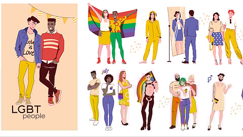 LGBTQ community people flat composition set of gay lesbian transgender bisexual characters isolated vector illustration.