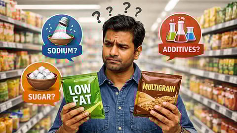 An Indian shopper standing in a supermarket aisle looking confused while holding two packaged foods labeled “low fat” and “multigrain,”