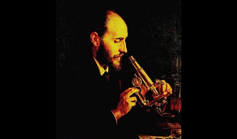 Santiago Ramón y Cajal, potrait in which he is looking in a microscope.
