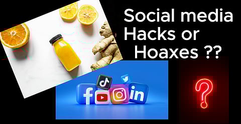 Collage with a juice bottle, orange slices, ginger, social media icons, and a red neon question mark. Text reads 'Social media Hacks or Hoaxes?