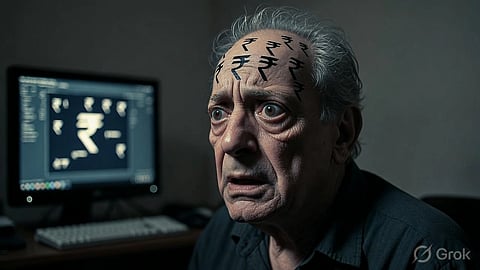 A old man with rupees sign on head and on computer screen.