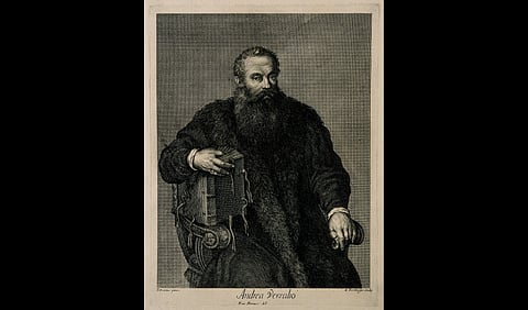 A man holding a large book, formerly designated as Andreas Vesalius. Line engraving by T. Vercruis after F. Petrucci after Titian (?). Wellcome Collection. Source: Wellcome Collection.