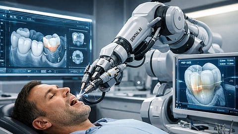 A robotic arm doing a dental procedure on a patient in a clinic. 