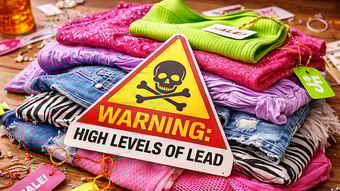 A stack of clothes with sale tags, placed on a wooden surface, featuring a warning sign with a skull symbol that reads “Warning: High Levels of Lead.”