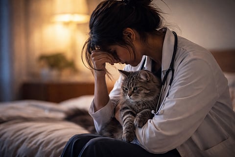 Depressed Indian Woman Doctor with her cat