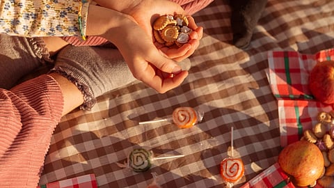 Woman and child seated on a checkered picnic blanket, sharing assorted treats. Lollipops, apples, and sandwiches.
