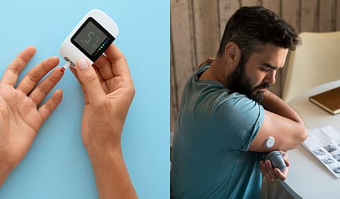 Diabetic person checking their glucose level and Diabetic man checking glucose patch sensor