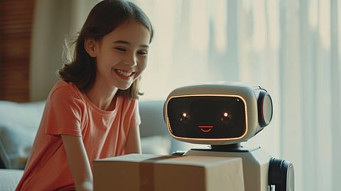 A smiling young girl in a pink shirt sits with a friendly-looking robot indoors.