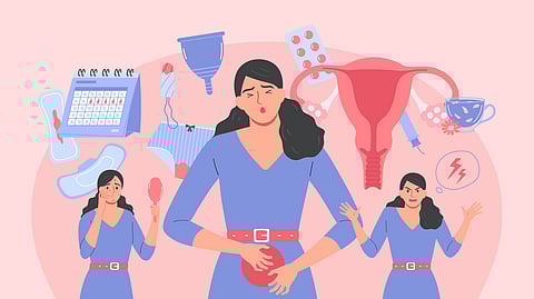 Illustration of three women showing menstrual discomfort, surrounded by pads, a menstrual cup, a calendar, and an anatomical diagram of a uterus.