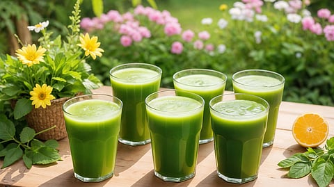 Close up on green smoothie with ingredients