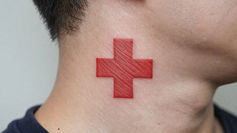 Red cross tattoo on the neck of a man, AI image.