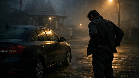 A dark alley and a man near the car.  