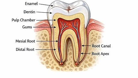 An AI image which shows the cross section of a tooth with its root. 