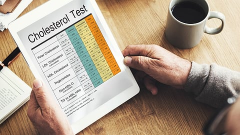 An individual holds a tablet displaying a cholesterol test chart with colored categories. 