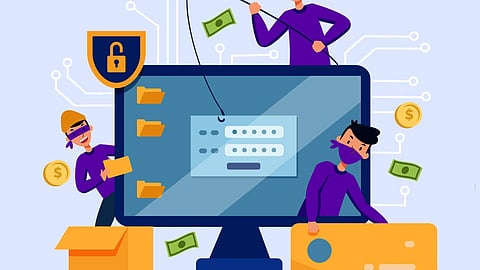Illustration of three masked figures engaging in cybercrime. They manipulate a computer with cash, credit card, and folders.